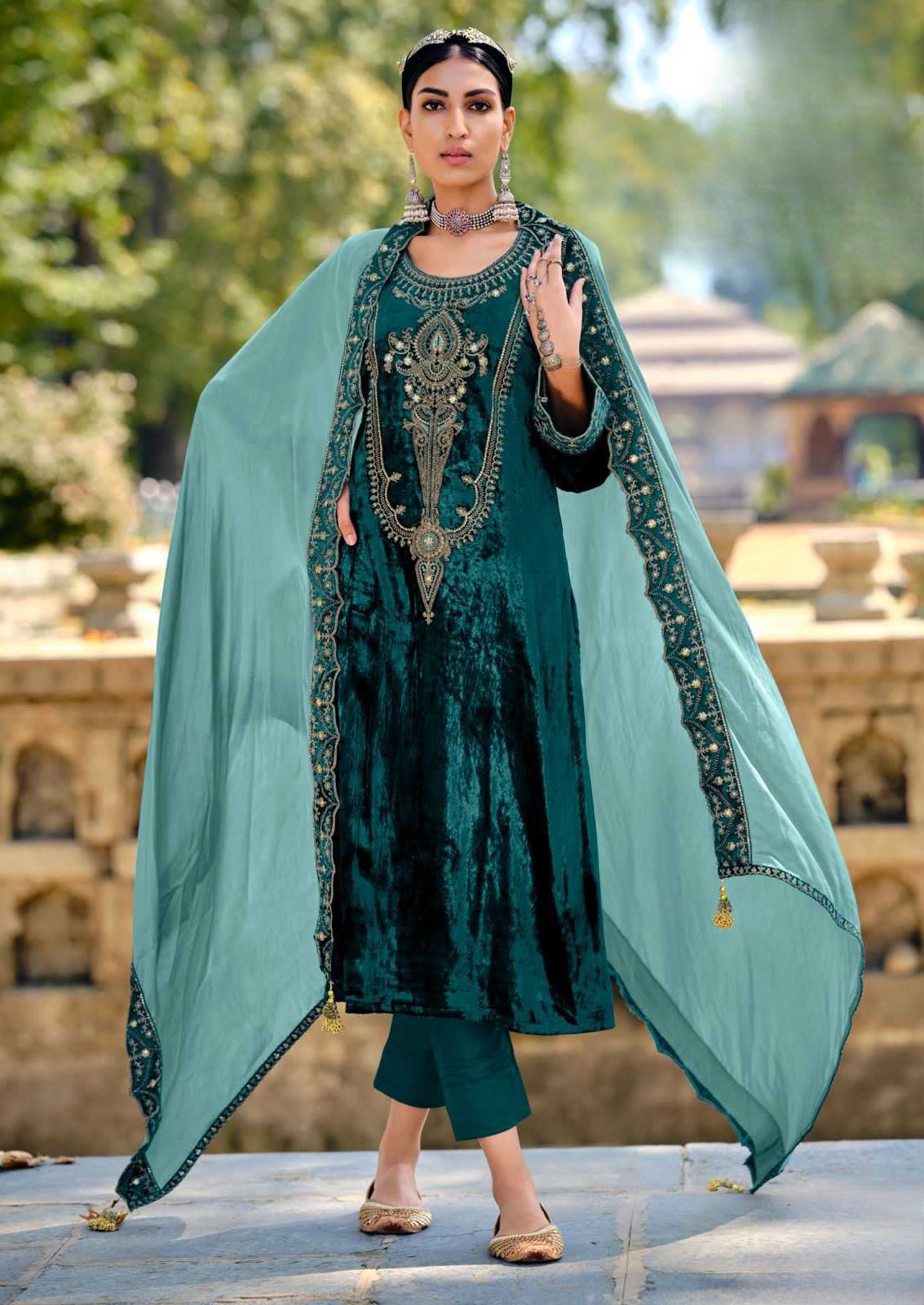 Turquoise Luxury Velvet Embroidered Pant Suit - Salwar Kameez Designer ...