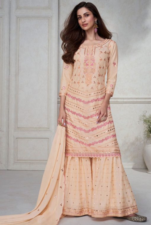 Blush Peach Chinon Silk Designer Palazzo Suit