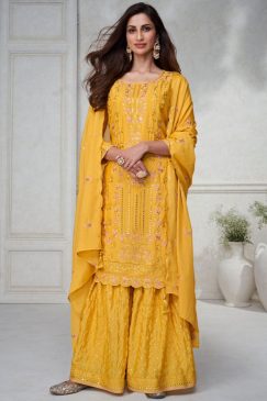 Yellow Chinon Silk Designer Palazzo Suit