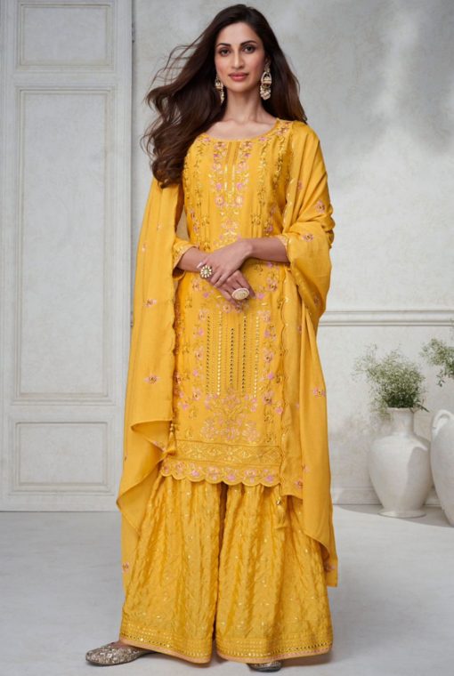 Yellow Chinon Silk Designer Palazzo Suit