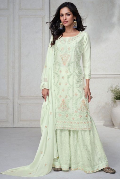 Mint Green Chinon Silk Designer Sharara Suit