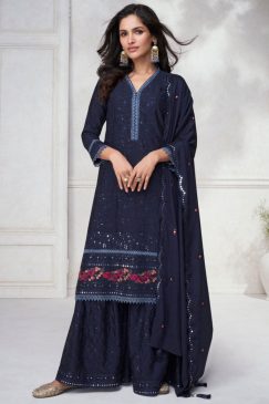 Navy Blue Chinon Silk Designer Palazzo Suit