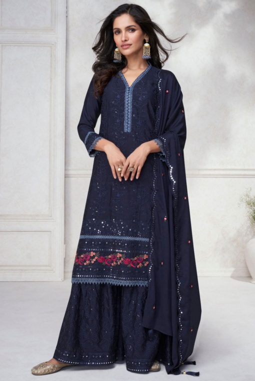 Navy Blue Chinon Silk Designer Palazzo Suit