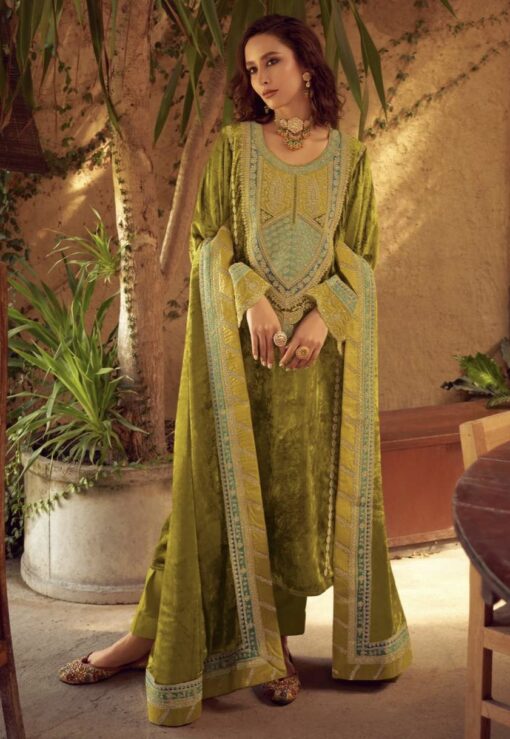 Lime Green Luxury Velvet Embroidered Pant Suit