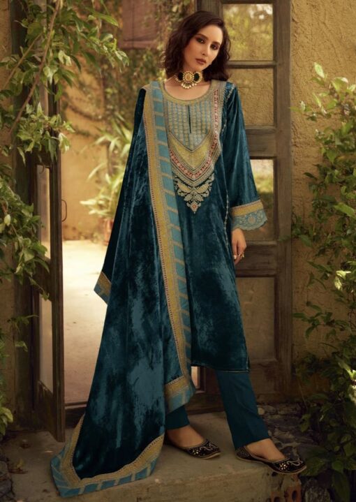 Teal Luxury Velvet Embroidered Pant Suit