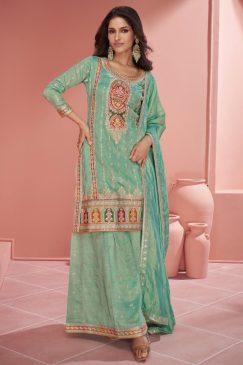 Light Green Embroidered Palazzo Suit