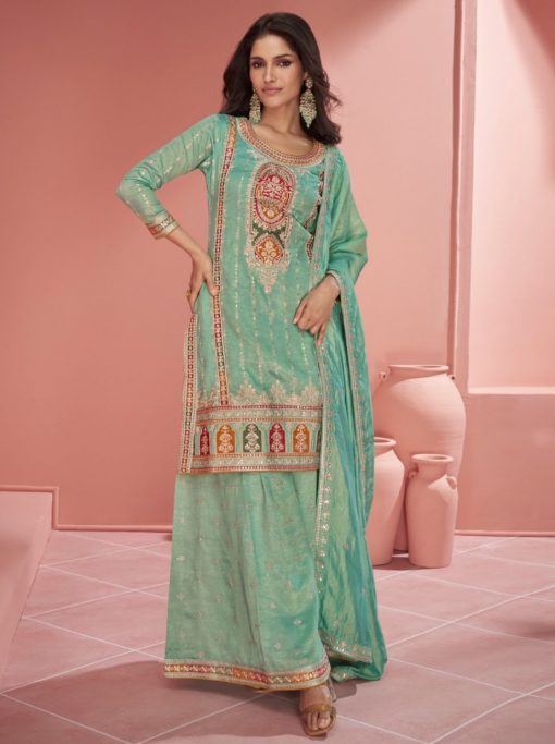 Light Green Embroidered Palazzo Suit