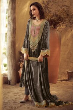 Grey Luxury Velvet Embroidered Pant Suit