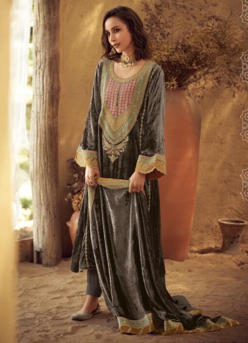 Grey Luxury Velvet Embroidered Pant Suit