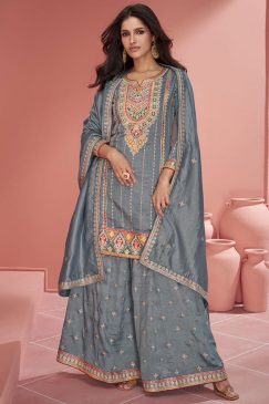 Grey Embroidered Palazzo Suit