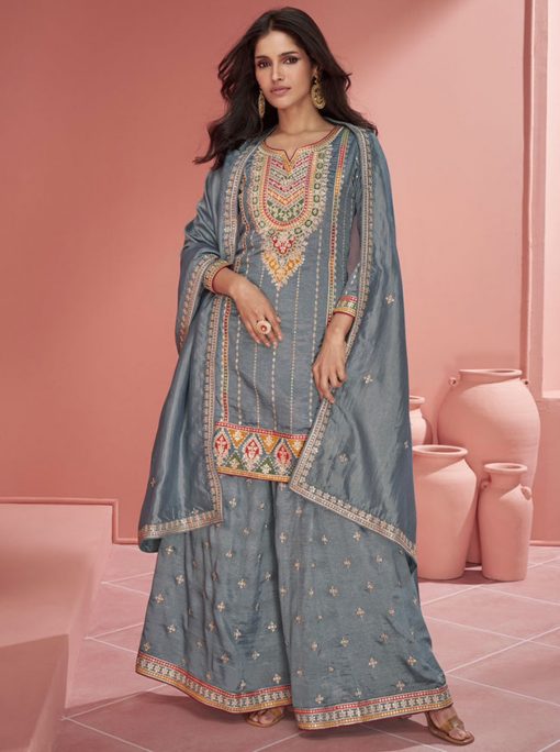 Grey Embroidered Palazzo Suit