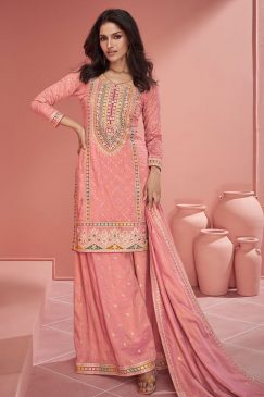 Peach Embroidered Palazzo Suit