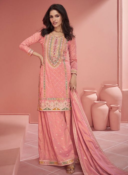 Peach Embroidered Palazzo Suit