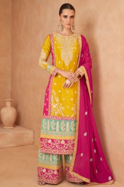 Yellow Embroidered Festive Wear Palazzo Suit