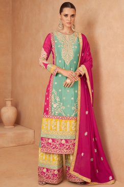 Turquoise Embroidered Festive Wear Palazzo Suit