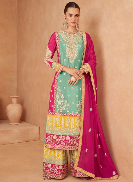 Turquoise Embroidered Festive Wear Palazzo Suit