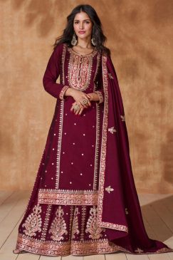 Maroon Embroidered Festive Wear Palazzo Suit