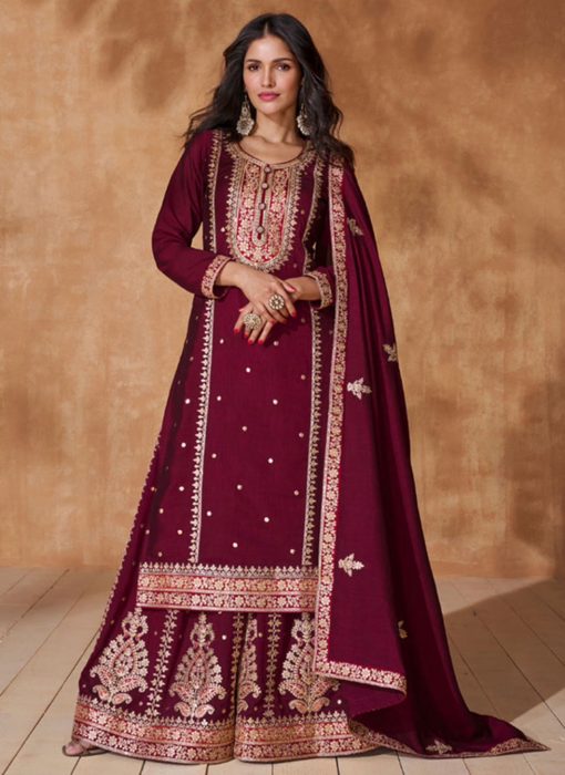 Maroon Embroidered Festive Wear Palazzo Suit