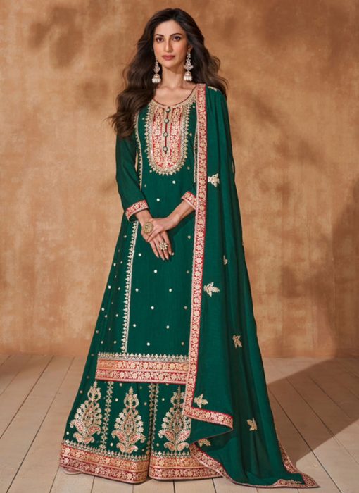 Green Embroidered Festive Wear Palazzo Suit