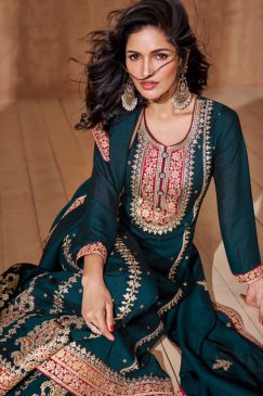 Alternative view of Teal Embroidered Festive Wear Palazzo Suit