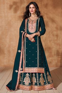 Teal Embroidered Festive Wear Palazzo Suit
