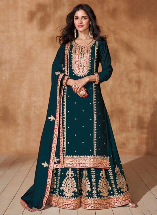 Teal Embroidered Festive Wear Palazzo Suit
