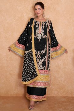 Black Embroidered Chinon Palazzo Pant Suit