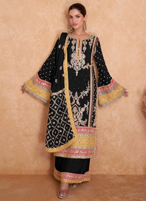 Black Embroidered Chinon Palazzo Pant Suit