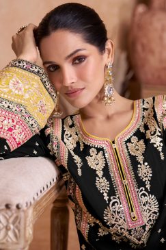 Alternative view of Black Embroidered Chinon Palazzo Pant Suit