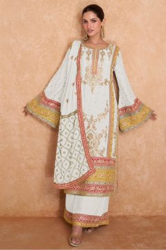White Embroidered Chinon Palazzo Pant Suit