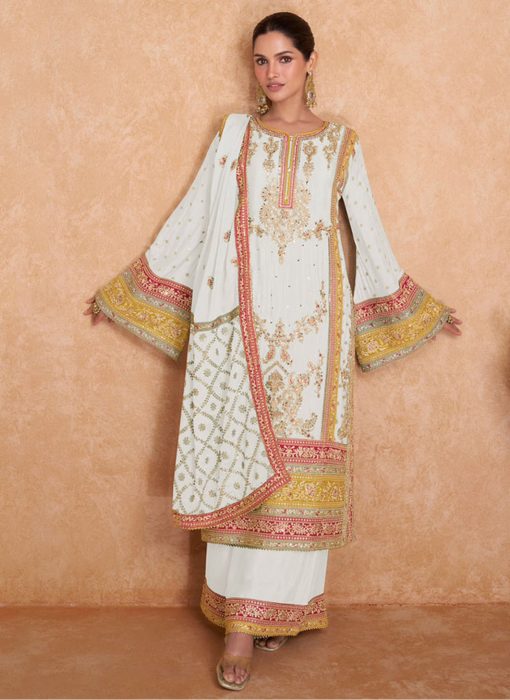 White Embroidered Chinon Palazzo Pant Suit