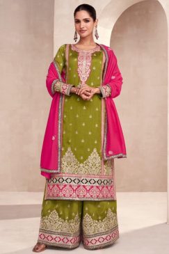 Green Embroidered Silk Palazzo Suit