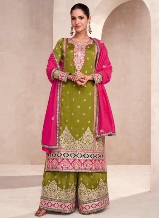 Green Embroidered Silk Palazzo Suit