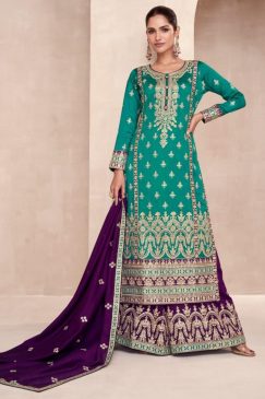 Turquoise Embroidered Silk Palazzo Suit