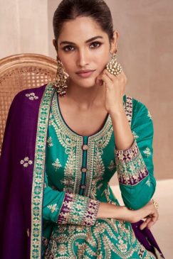 Alternative view of Turquoise Embroidered Silk Palazzo Suit
