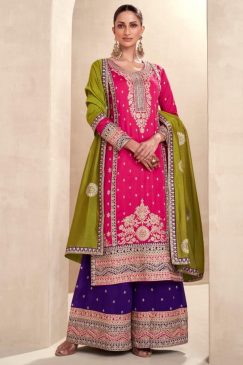 Pink Embroidered Silk Palazzo Suit