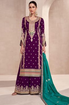 Purple Embroidered Silk Palazzo Suit