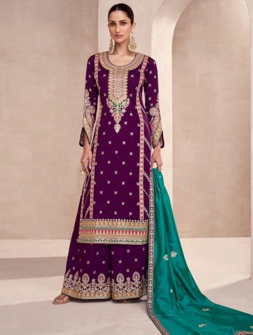 Purple Embroidered Silk Palazzo Suit