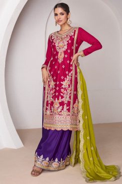Pink Embroidered Silk Palazzo Suit