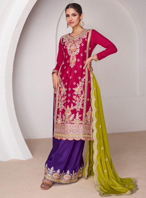 Pink Embroidered Silk Palazzo Suit