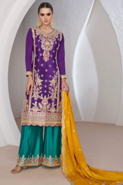 Purple Embroidered Silk Palazzo Suit