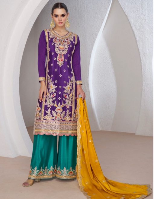 Purple Embroidered Silk Palazzo Suit