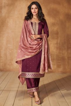 Wine Embroidered Silk Pant Suit