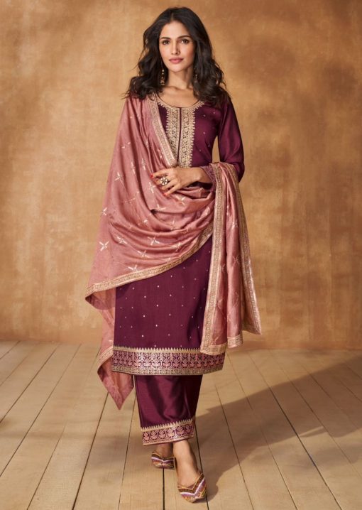 Wine Embroidered Silk Pant Suit