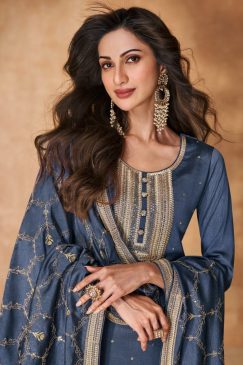 Alternative view of Blue Grey Embroidered Silk Pant Suit
