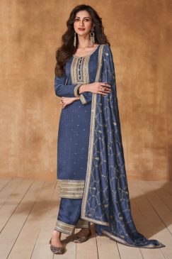 Blue Grey Embroidered Silk Pant Suit