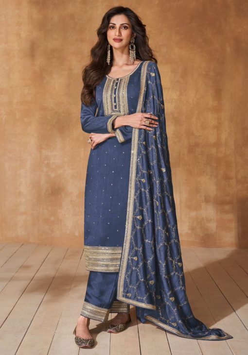 Blue Grey Embroidered Silk Pant Suit