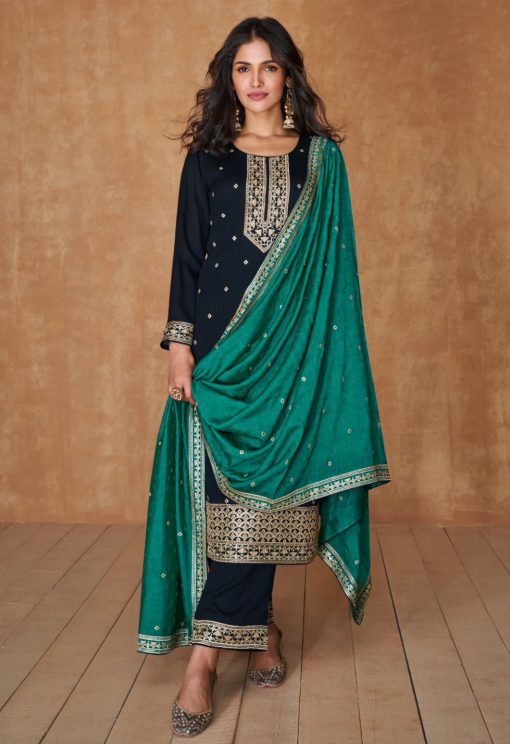 Teal Green Embroidered Silk Pant Suit