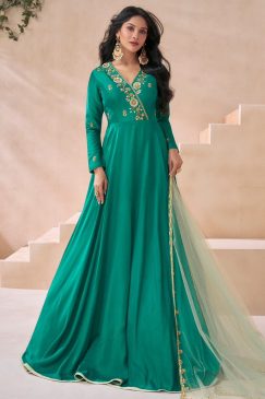 Green Silk Embroidered Anarkali Gown