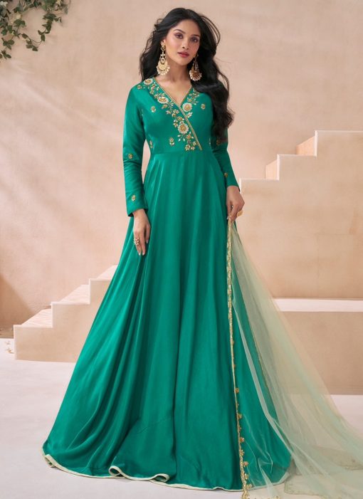 Green Silk Embroidered Anarkali Gown